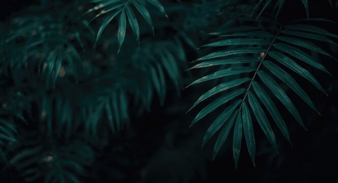 Dark green tropical foliage with rich leaf textures and blurred bokeh background including copy space for text