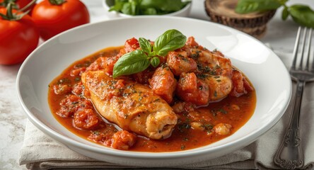 Fototapeta premium Classic preparation of chicken cacciatore with fresh tomato basil sauce front view