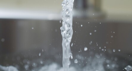 Close up view of water streams pouring from kitchen sink faucet with splashing droplets