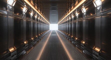 Obraz premium Conceptual illustration of a metallic hallway with glowing light reflections and textured shadow detailing on floor