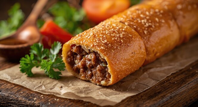 Close up of a savory traditional Dutch minced meat frikandel