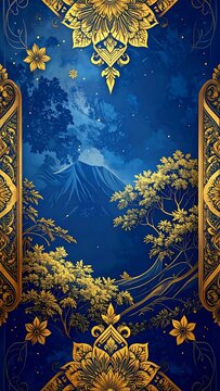 Richly decorated blue landscape with gold floral elements and a mountain in the distance