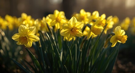 Obraz premium Bright yellow daffodils blooming beautifully on a warm spring Easter afternoon