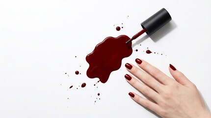 深紅のネイルカラーが鮮やかに広がる明るいスタジオ撮影