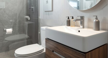 Fototapeta premium Elegant bathroom environment with toilet paper and modern sink focusing on must-have bathroom essentials