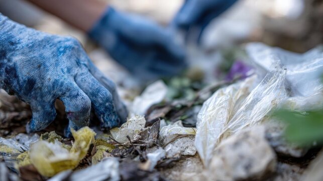 Pair of hands wearing blue gloves, picking up trash from the ground. the hands are covered in dirt and debris, and there are several plastic bags and other discarded items scattered around.