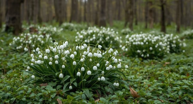 Early springtime forest with clusters of white snowbell flowers on lush ground
