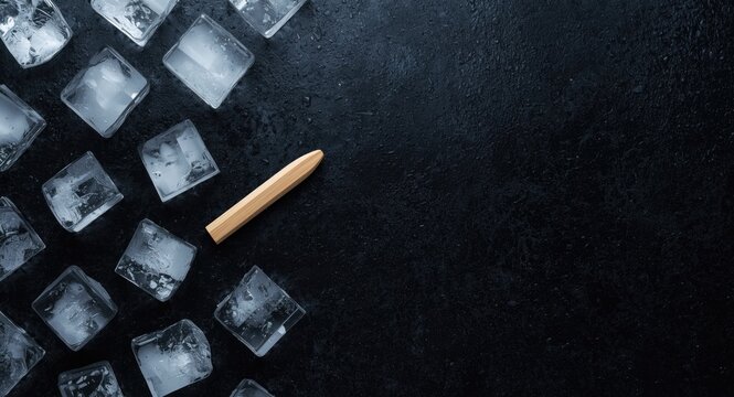 Arrangement of clear ice cubes and wooden ice pick on a dimly lit textured black background emphasizing ice features