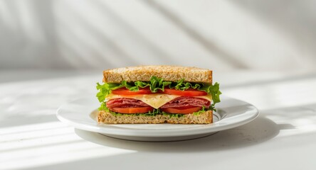 Appetizing sandwich containing lettuce tomato salami hummus and cheese on a white plate with copy space