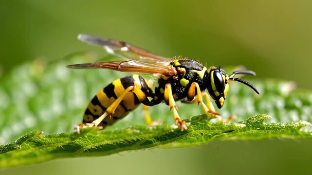 Close up of a yellow and black wasp insect on a green leaf macro photography.