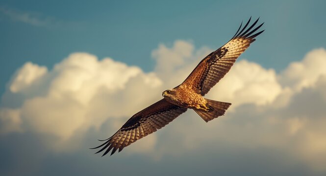 Red kite bird caught mid flight with impressive wingspan over a cloudy blue backdrop