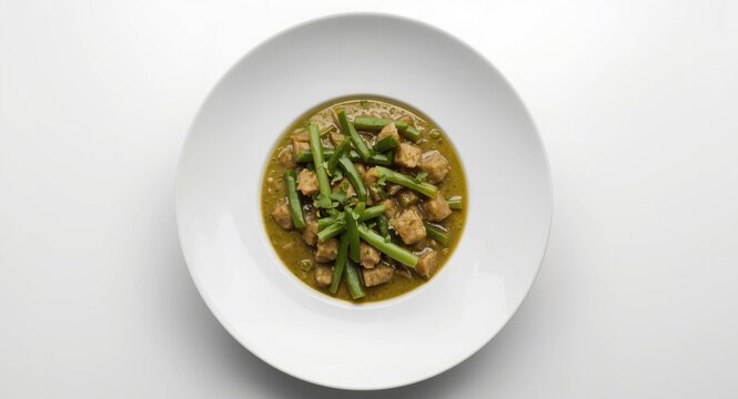 Above view of flavorful okra soup paired with eba on a stark white plate