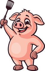 Cartoon pig mascot holding a spatula © Magic Pen