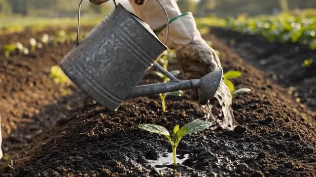 A person's gloved hand gently waters young plant sprouts from a rustic metal watering can, providing essential moisture to the thriving green seedlings. The close-up shot captures the essence of new l