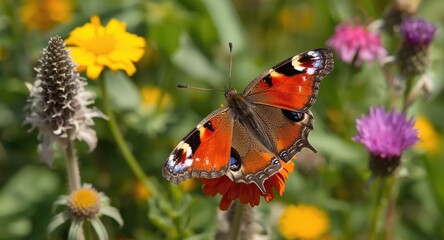 Obraz premium Colorful Symbrenthia butterfly perched on vibrant wildflowers