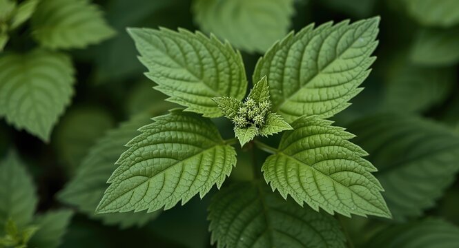 Detailed image of dioecious nettle plant showing soft green leaf texture and catkin blooms