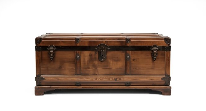 Classic wooden storage trunk against plain white background