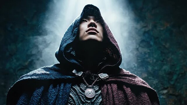 Mysterious hooded figure, knight templar or ancient mystic, gazing upwards with spiritual intensity and destiny.