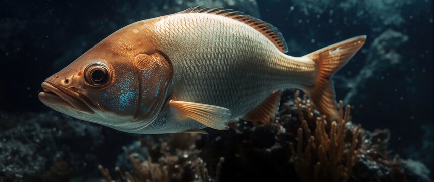 Detailed aquatic image of an amberjack fish with vivid coloration and habitat elements