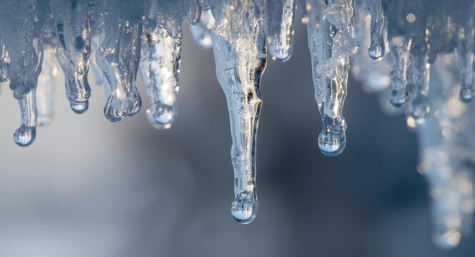 Close up of sunlit melting icicles sparkling in winter light
