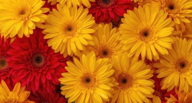 Bright floral background with vibrant yellow and red blossoms in vivid colors