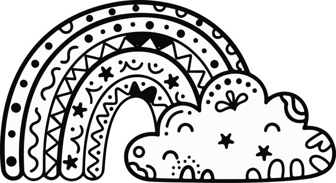 Whimsical doodle of a rainbow with patterned arcs and a smiling cloud