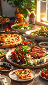 Richly lit table with a diverse arrangement of colorful, savory food dishes and sides