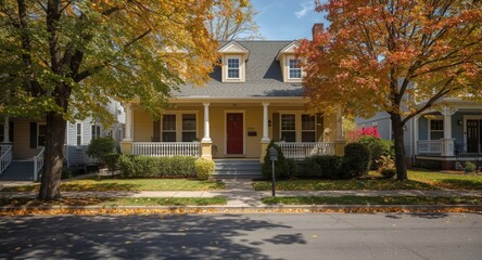 Colorful crayon style home stands out on a sunny asphalt street with leafy shadows