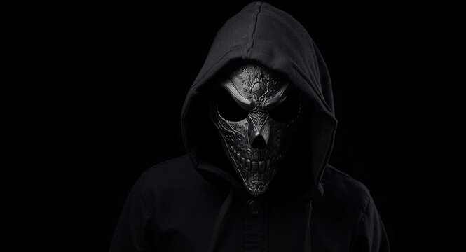 Black hooded character wearing a chilling medieval executioners mask and copy space