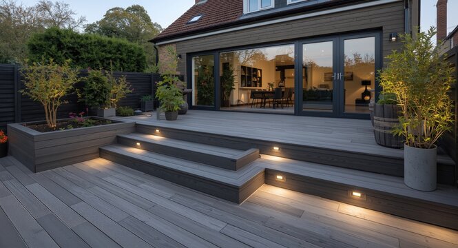 Contemporary composite decking in ash grey with multi level layout and soft low voltage garden illumination