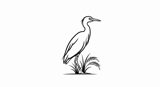 Stylized outline of a wading bird standing among rice stalks
