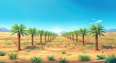 Fototapeta premium Bright anime style agricultural date palm orchard in arid semi desert setting