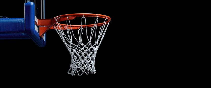 Blue padded netball hoop with nylon mesh net attached on metal pole isolated on black background for sports fitness graphics