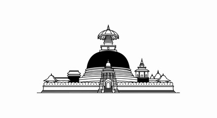 Black and white illustration of a large stupa with surrounding structures