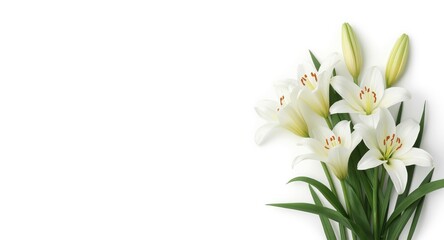Naklejka premium Easter and baptism card with isolated cross and white lilies on copy space background