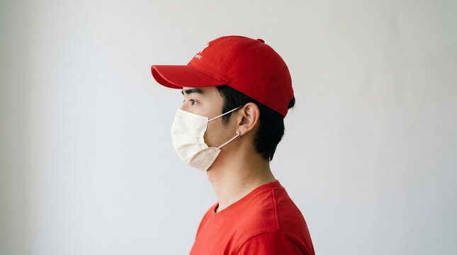 赤い帽子を被った男性の横顔　ソフトな光の中で