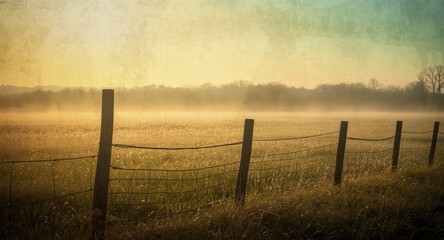 Fototapeta premium Copy space background showing grunge textured early morning fence and meadow