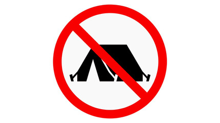 Symbol indicating a strict prohibition against setting up tents for camping, signifying no overnight stays or temporary shelters are permitted in this specific area for safety or regulatory reasons