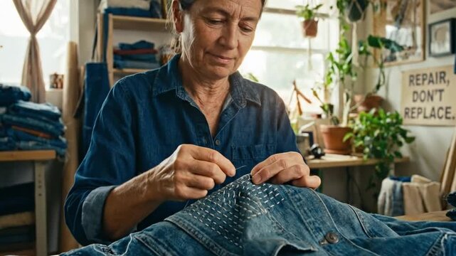 Woman Mending Denim Jacket with Sashiko Stitching