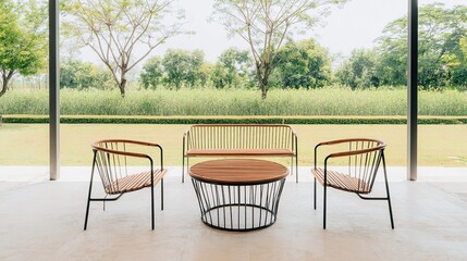 Obraz premium A serene outdoor patio with minimalist furniture, evoking tranquility amidst lush greenery.