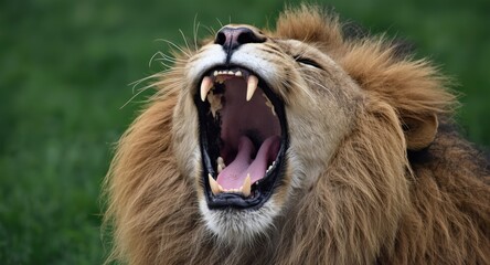 Close up of a male lion roaring with open mouth