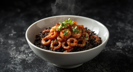 Fototapeta premium Black squid fried rice dish in a white bowl ready to eat