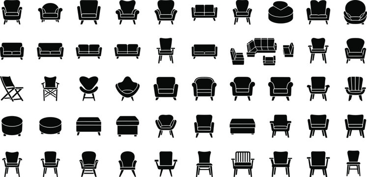 Black silhouette vector collection of diverse chair and seating furniture designs, including sofas, armchairs, lounge chairs, and ottomans, perfect for interior design, decor, and furniture projects