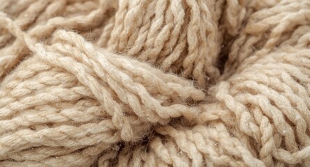 Detailed close-up of beige merino wool yarn texture for handmade blanket crafting