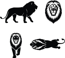Fototapeta premium Lion silhouettes and portraits vector illustration, flat design