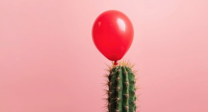 A red balloon caught on a cactus thorn with a soft pastel pink background illustrating risk and guardianship