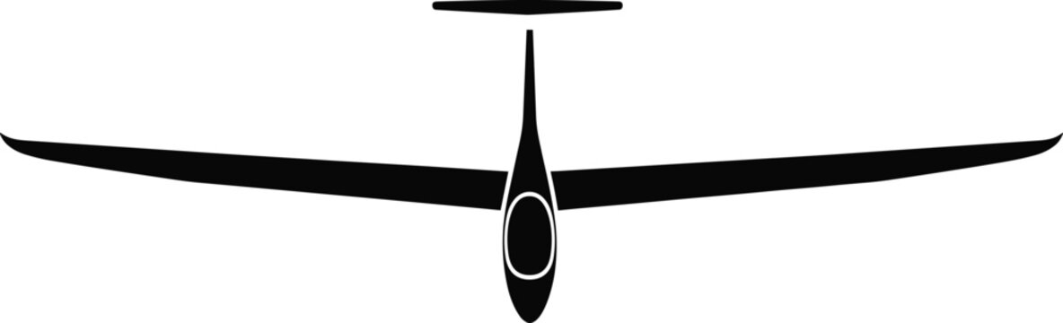Black silhouette vector illustration of glider aircraft front view with long wings, streamlined fuselage, and T‑tail design, ideal for aviation, aerodynamics, and flight projects