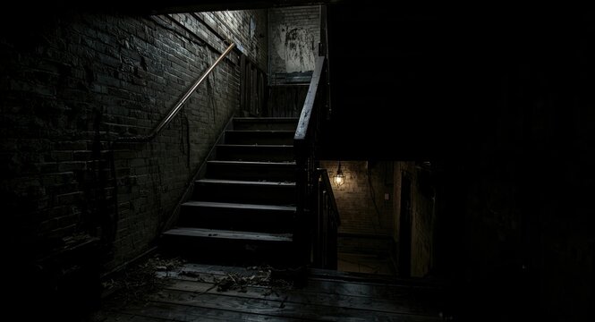 Dark neglected wooden staircase leading deep into haunted basement