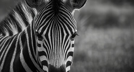 Fototapeta premium Close up black and white photo of a zebra in peaceful environment
