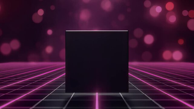 Rotating black cube on neon grid floor with pink bokeh lights, seamless loop, symbolizing futuristic technology and innovation